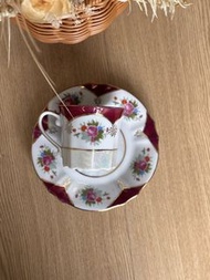 日本昭和貝殼釉咖啡杯酒紅色花卉復古風 陶瓷茶杯連碟  瓷器 珍藏  古董