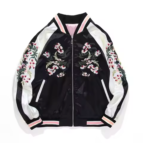 Women's Satin Sukajan Embroidered Bomber Baseball Jacket 2 Double Sided Female Coat Floral Harajuku 