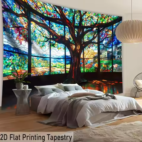 VIKAMA 2D Stained Glass Tree Of Life Print Tapestry Light Luxury Living Room, Study Background Decor