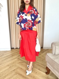 NANDO SET WANITA KEMEJA ROK KATUN JEPANG MOTIF BUNGA IMPORT LENGAN PENDEK ROK MIDI