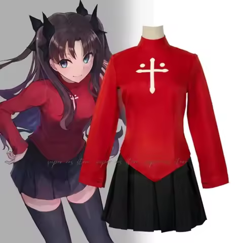Anime Fate Stay Night Tohsaka Rin Cosplay Costume Wig For Girls Children Red Shirt Skirt Stocking Ha