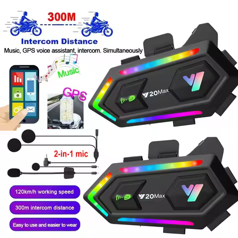 Y20 MAX Motorcycle Helmet Bluetooth Headset Intercom With Mixing V5.3 IPX6 Waterproof RGB Colorful L