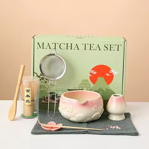 8pcs Cherry Blossom White Matcha Bowl with Matcha Whisk Set, Japanese Tea Set Includes Matcha Bowl w