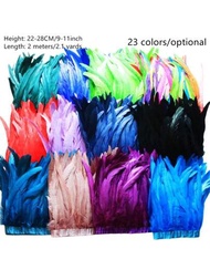 2米彩色公雞尾羽毛25cm-30cm/10-12英寸修邊緞帶膠帶黑色野雞羽毛,適用於手工藝品、嘉年華服裝羽毛裝飾等