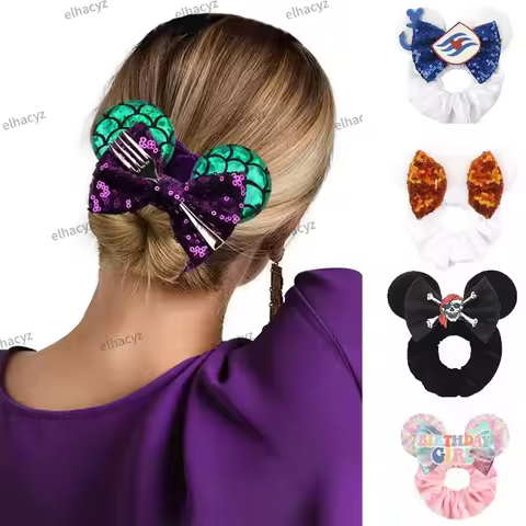HEROCROSS Pirate Mickey Mouse Ears Hair Scrunchies Velvet Hairbands For Girls Sequins Bows Headbands