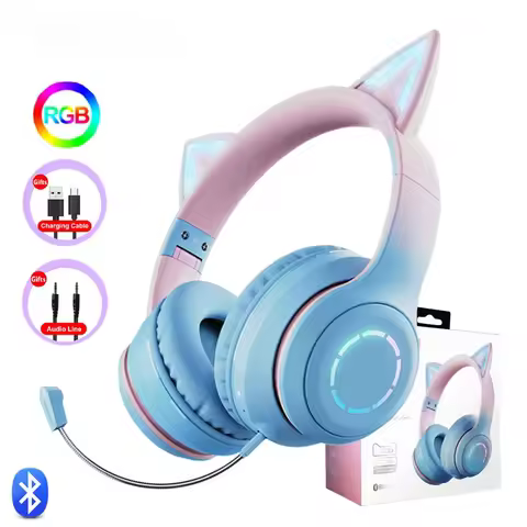 RGB Headset Gamer Girl Wireless Headphones Bluetooth Earphone With Microphone Cat Ear Gaming Earphon