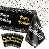 4 Pack Happy Birthday Tablecloths, Black Gold Birthday Table Cover, 54x108'' Plastic Disposable Rect