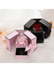1個雙門玫瑰裝飾珠寶包裝盒，帶雙層抽屜和蝴蝶結，適用於母親節（母親禮物）、教師禮物、畢業禮物、情人節禮物和珠寶禮盒