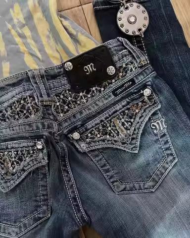 Retro Miss Me Boot Cut Jeans Female Y2K New Blue Jeans Embroidered Wing Pocket Hip Hop Harajuku Goth