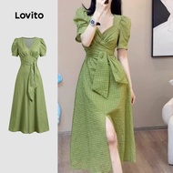 Lovito Casual Dress Lace Up Split Front Spring/Summer Green Dress for Women L134ED558