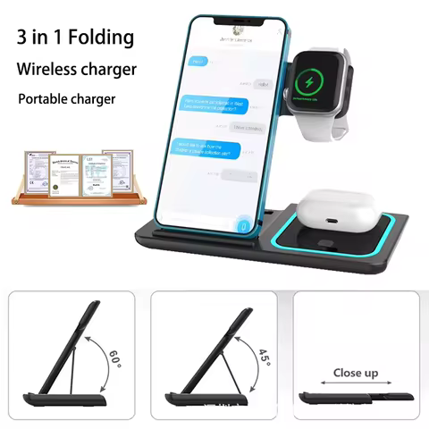 3-in-1 Portable Wireless Charger Stand for iphone Samsung Phone Foldable Fast 3 in 1 Wireless Charge