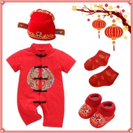 儿童新年衣 Red Romper for Baby Boy 0 3 6 9 12 Month Short Sleeved Button 中国风 Jumpsuit Baby Onesies Birthd