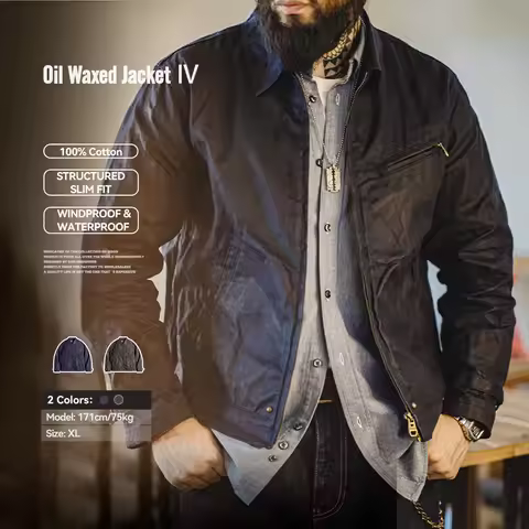 Maden Men's Vintage IV Oil Waxed Canvas Jacket Lapel Zipper Short Outerwear Classic Slim Fit for Men