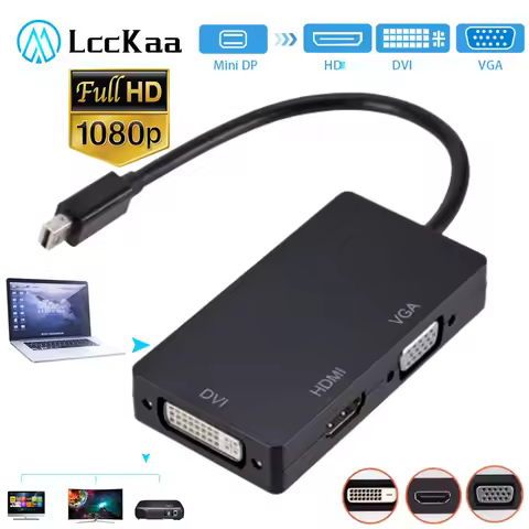 LccKaa 3 in 1 Thunderbolt Mini DP to HDMI VGA DVI Converter 4K 1080P Mini DP Cable Adapter for MacBo
