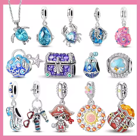 925 Silver Mr. Pirate & Treasure & Gold Coin & Turtle Beach Fruit Shell Blue Beads Fit Original Brac