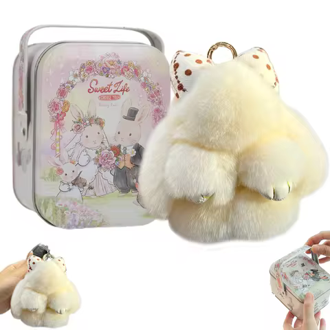Bunnylulu,Bunny Lulu Keychain with Tin,Handmade Soft Bunny Pompom Keychain Charms,Bunny Keychain Plu