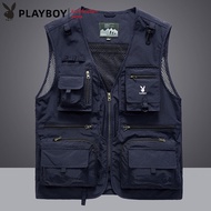 PLAYBOY Mens Vest Spring and Autumn New Mesh Quick Drying Casual Outdoor Multi bag Fishing Photograp