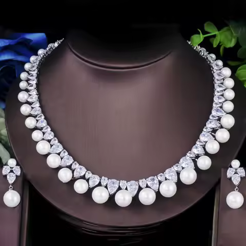 ThreeGraces Elegant Shiny Cubic Zirconia Big Simulated Pearl Necklace Luxury Bridal Wedding Banquet 