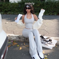 Set Áo Croptop Dây Cổ Ôm và Quần Thun Ống Loe Dài Gập Eo AUGETY Evelyn Set