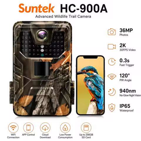 Suntekcam Trail Hunting Camera Night Vision Cameras IP65 Photo Trap HC900A 36MP 2.7K 0.3s Trigger Wi