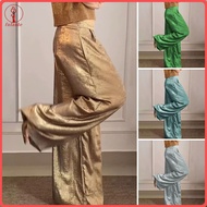 fulaide Women Long Pants Elastic High Waist Casual Trousers Metallic Solid Color Wide-Leg Pants Offi