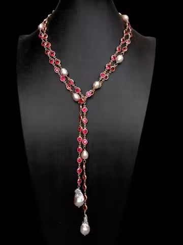 Y.YING Cultured Purple Keshi Pearl Fuchsia Color Cz Pave Long Chain Long Necklace 49"