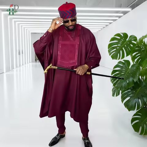 H&D African Men's Traditional 3PCS Outfit Thobe Set Burgundy Agbada Embroidered Robe Plus Size For W