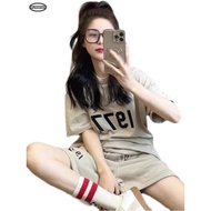 M-4XL Fashion Number Print Tshirt Plus Size Women Beige Loose Short Sleeve Top With Drawstring Short
