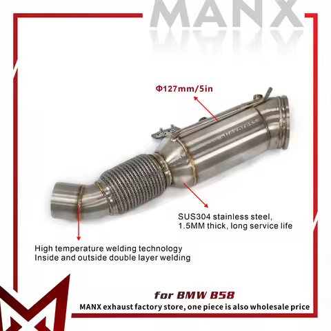 High Performance Catless Downpipe for BMW B58 Engine | 127mm 5" TIG Welded Stainless Steel Pipe | Po