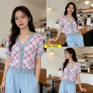 Miss Kitty Women's V-Neck Knitted Shirt Short Sleeves Slim Fit Simple Checkered Pattern Soft Fabric 