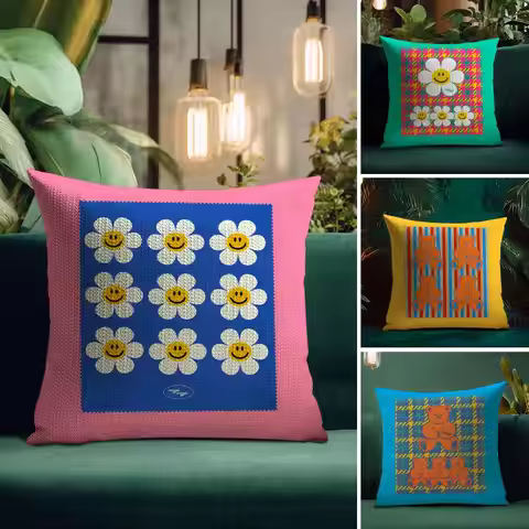 Colorful Cute W-wiggle wiggle Pillow Case Natural Linen Organic Fabric Double-Sided Printing Breatha