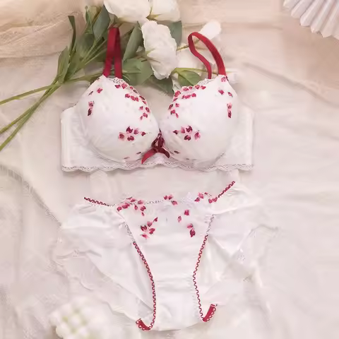 Women Large Size Japanese Kawayi Thin Embroidered Bra Set Underwear Purple Red 70 75 80 B C D E F fi