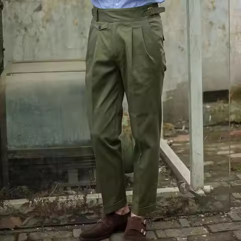 Vintage Green Gurkha Pants For Men Adjustable Waist Buckle Cotton Naples Trousers Fashion Casual Loo