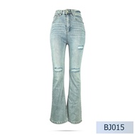 Niyom jeans รุ่น BJ015 กางเกงยีนส์ผู้หญิง ทรงขาม้า สียีนส์อ่อน แต่งริ้ว แต่งเฟด แต่งขาด ผ้ายืด ปลายข