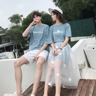 Lover Island-Couple Wear Niche Design Spring Wear Half-Sleeved T-Shirt Suit Crane Embroidered Fairy Skirt Lace Little Swan Couple Suit Coup