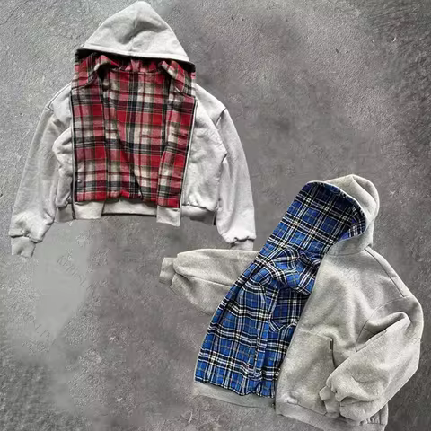 Hip-hop streetwear fake two-piece plaid cardigan hooded sweatshirt jacket American retro fashion all
