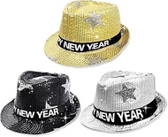 HOWAF 2026 New Year's Eve Party Supplies - 3 Pack Fedora Hats with Shiny Sequins in Gold, Silver & B