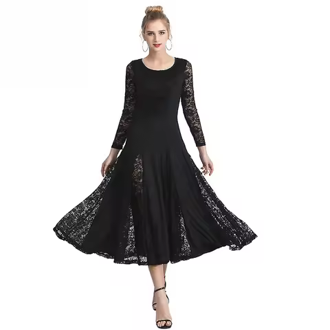 Women Lace Long Sleeve Ballroom Dance Dress Big Swing Maxi Skirt Elegant Waltz Tango Competition Sta