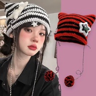 CLEIGHTEEN8H Star Devil Hat, Striped Y2K Cute Y2K Beanie Hat, Hip-hop Devil Ear Cat Autumn Winter