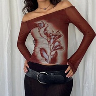 y2k y2k Women's Clothing Translucent Tops Hot Girls Retro y2k Featured Printed Gauze Long Sleeves T-