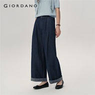 GIORDANO Women Jeans Stripe Roll-Up Cuff Pleated Denim Pants Half Elastic Waist Wide Leg Fashion Cas