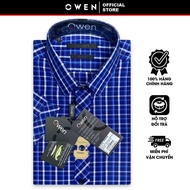 OWEN SALE - Áo Sơ Mi Owen Tay Ngắn Màu Xanh Navy - Trắng Họa Tiết Caro Form Body Fit Lai Ngang Chín