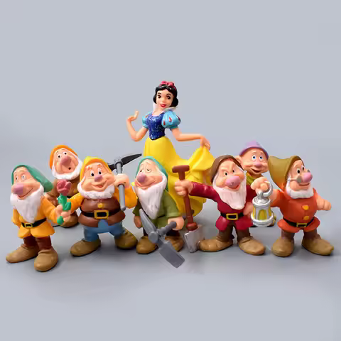 Classic Disney characters Snow White and the Seven Dwarfs hand a set of animated cartoon action figu