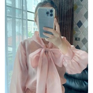 3F.Seoul nista เดรสงานตัดร้าน เดรสเชิ้ตคอผูกโบว์ ทรงปล่อย ผ้าออแกนดี้แท้ 100%