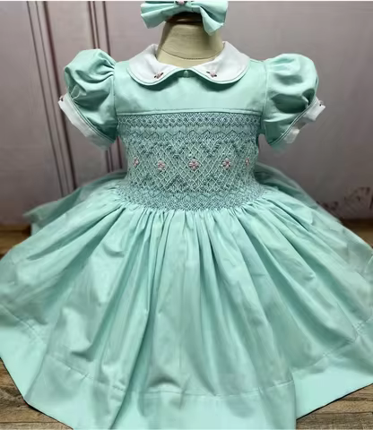 0-12Y Baby Girl Summer Flower Handmade Smocked Green Dress for Christmas Eid Birthday Party Holiday 