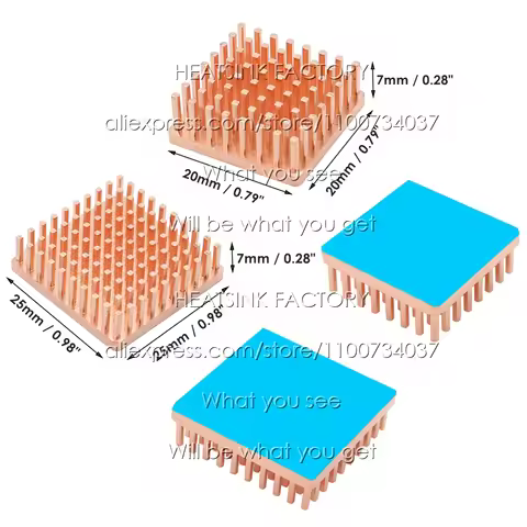 Pure Copper 20x20x7mm 25x25x7mm Square Pin Fins Heatsink Radiator Cooler With Thermal Pad Cooling Fo