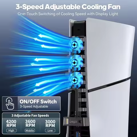 Ipega Cooling Fan for Sony Playstation 5 Slim Disc & Digital Console 3-Level Fan PS5 Slim Blue Ambie