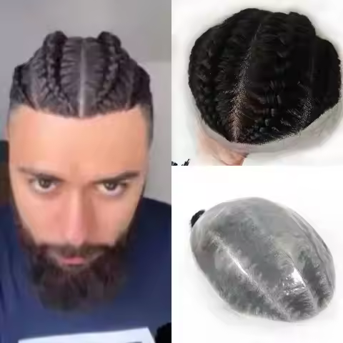 Men's Full PU Four Braids Toupee 100% Human Hair 8x10inch System Replacement Black 1B Color 0.06mm T