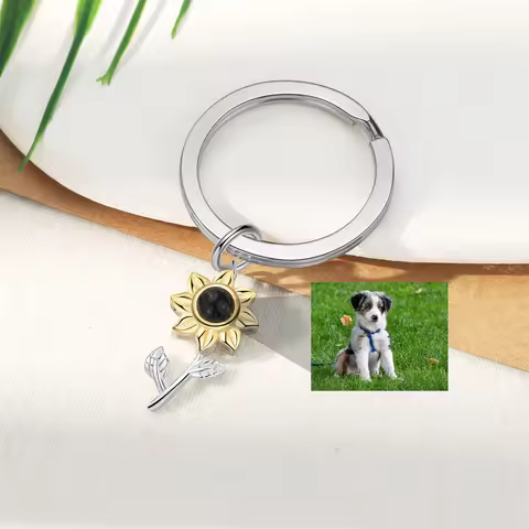 Custom Photo Projection Keychain Sun Flower Drop Pendant Keyring with Picture Inside for Women Hidde
