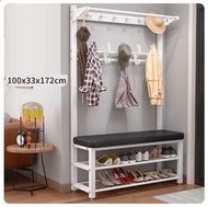 全城熱賣 - 落地衣架鞋櫃鞋凳一體組合【100CM衣帽架+鞋凳【白架-黑皮】（尺寸：100*33*172CM）#